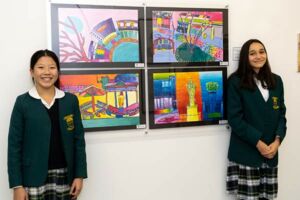 Bella Seeto and Finn Rooney Weimers from Brigidine College Randwick with their Clancy Prize artwork